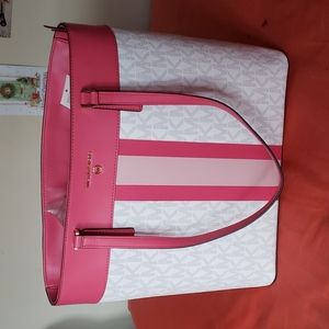 NWT Michael Kors Morgan Large Center Stripe Signature MK Tote Handbag Hibiscus